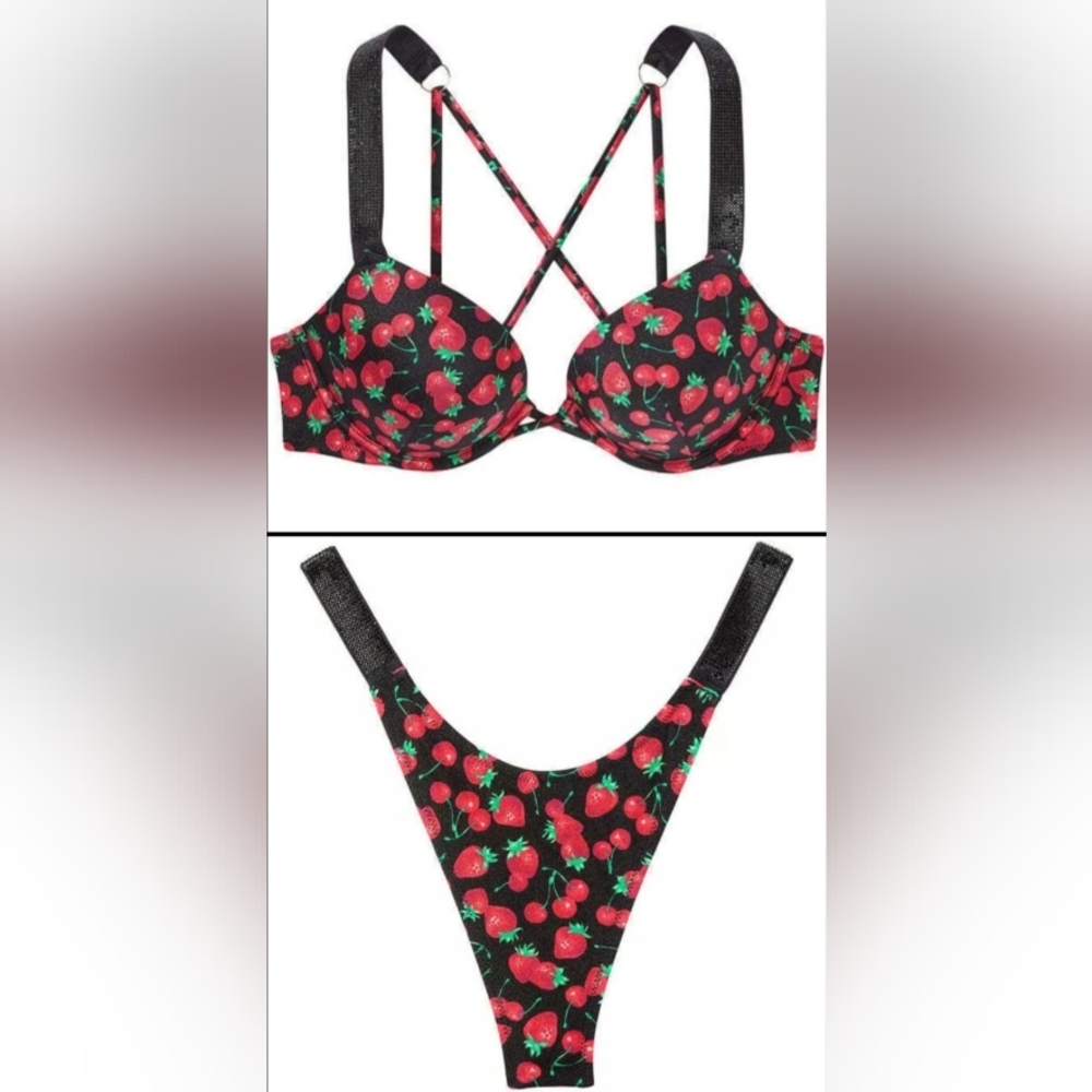 36D/XL VS Swim Shine Strap Bombshell Bikini Top Thong Bikini Set Strawberry